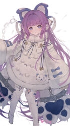 Rule 34 | 1girl, absurdly long hair, absurdres, animal ears, animal hands, artist name, azur lane, blunt bangs, boots, broken, broken chain, chain, closed mouth, coat, coat dress, commentary request, daichengqi, dot mouth, fake animal ears, full body, fur-trimmed coat, fur-trimmed sleeves, fur trim, gloves, heart, highres, long hair, long sleeves, looking at viewer, paw gloves, purple eyes, purple hair, sleeves past fingers, sleeves past wrists, solo, tashkent (azur lane), thigh boots, very long hair, white background, white coat, wide sleeves, winter clothes