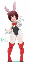 Rule 34 | 1girl, animal ears, boots, bow, bowtie, breasts, brown hair, cleavage, detached collar, fake animal ears, gloves, inaka keikou, leotard, original, pantyhose, playboy bunny, rabbit ears, rabbit tail, red eyes, short hair, small breasts, solo, tail, v, white gloves, white pantyhose, wide hips