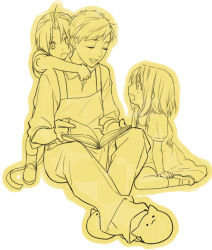 Rule 34 | 1girl, 2boys, alphonse elric, apron, book, brothers, carrying, dress, edward elric, closed eyes, fullmetal alchemist, looking at another, monochrome, multiple boys, noako, open book, open mouth, piggyback, reading, shoes, short hair, siblings, simple background, slippers, smile, socks, time paradox, white background, winry rockbell, yellow theme