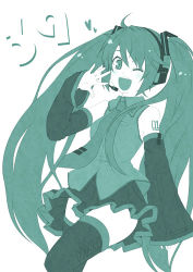 Rule 34 | 1girl, 39, detached sleeves, green theme, hatsune miku, kouji (campus life), long hair, lowres, monochrome, one eye closed, solo, twintails, vocaloid, wink