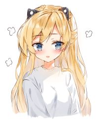 Rule 34 | 1girl, blonde hair, blue eyes, blush, braid, commentary request, cropped torso, girls&#039; frontline, hair ornament, highres, k5 (girls&#039; frontline), long hair, looking at viewer, parted lips, shirt, simple background, solo, tandohark, upper body, very long hair, white background, white shirt