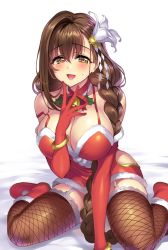 Rule 34 | 1girl, boots, breasts, brown eyes, brown hair, brown thighhighs, cleavage, elbow gloves, fishnet thighhighs, fishnets, flower, garter straps, gloves, hair flower, hair ornament, highres, kanpani girls, large breasts, long hair, matching hair/eyes, mole, mole under eye, open mouth, red footwear, red gloves, revision, santa costume, senri gan, shirayuri sakura, simple background, sitting, smile, solo, thighhighs, wariza, white background