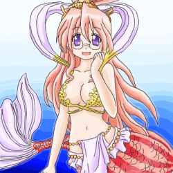 Rule 34 | 1girl, breasts, cleavage, cosplay, crown, female focus, glasses, gradient background, jewelry, large breasts, long hair, look-alike, lowres, lucky star, mermaid, monster girl, navel, one piece, open mouth, pink hair, purple eyes, shell, shell bikini, shirahoshi, shirahoshi (cosplay), smile, solo, takara miyuki