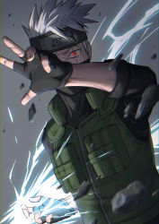 Rule 34 | 1boy, black gloves, electricity, electrokinesis, fingerless gloves, gloves, grey background, hatake kakashi, headband, highres, looking at viewer, male focus, mask, mochi10bi, naruto, naruto (series), red eyes, scar, scar across eye, scar on face, silver hair, solo, spiked hair, upper body