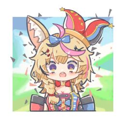 Rule 34 | 1girl, ahoge, animal ear fluff, animal ears, back bow, black hair, blonde hair, blue bow, border, bow, bowtie, braid, breasts, buttons, chibi, commentary request, confetti, detached collar, facial mark, fox ears, fox girl, hair bow, hair ornament, hair over shoulder, hairclip, halter shirt, halterneck, hat, heart, heart-shaped pupils, highres, hololive, jester cap, jkbakabaka, large bow, long hair, looking at viewer, medium breasts, multicolored hair, omaru polka, omaru polka (1st costume), open mouth, outside border, pink hair, purple eyes, red bow, red bowtie, shirt, side braid, single braid, sleeveless, sleeveless shirt, smile, solo, straight-on, streaked hair, symbol-shaped pupils, tilted headwear, traditional bowtie, upper body, virtual youtuber, white border, wing collar, x hair ornament