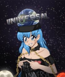 Rule 34 | 1990s (style), 1girl, black collar, black shirt, blue eyes, blue hair, breasts, chain, cleavage, clothes writing, collar, collarbone, earth (ornament), fidgeting, galaxy, gold chain, hat, heart, heart print, hecatia lapislazuli, hecatia lapislazuli (earth), index fingers together, long hair, medium breasts, moon (ornament), nervous, off-shoulder shirt, off shoulder, parted lips, retro artstyle, shirt, solo, star (sky), step arts, t-shirt, touhou, underworld (ornament), universal studios, very long hair