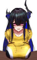 Rule 34 | 1girl, absurdres, alternate breast size, asymmetrical horns, black hair, blue hair, breasts, colored inner hair, demon horns, desk, emoji, flushed face emoji, flushed face emoji shirt (meme), hair ornament, highres, hololive, hololive english, horns, huge breasts, long hair, looking at viewer, meme, mole, mole under eye, multicolored hair, nerissa ravencroft, red eyes, shirt, short sleeves, soju ice, solo, t-shirt, two-tone hair, uneven horns, upper body, very long hair, virtual youtuber