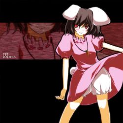 Rule 34 | 1girl, :p, animal ears, black hair, bloomers, blush, clothes lift, dress, dress lift, female focus, inaba tewi, pink dress, rabbit ears, red eyes, sakurame, short hair, solo, standing, tongue, tongue out, touhou, underwear, zoom layer