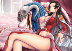 Rule 34 | 1girl, amazon lily, amazon warrior, black hair, blue eyes, boa hancock, breasts, cape, center opening, cleavage, colored sclera, crop top, crossed legs, earrings, epaulettes, fangs, female focus, highres, horns, jewelry, large breasts, leaning back, legs, long hair, long legs, long skirt, long sleeves, looking at viewer, midriff, navel, one piece, red shirt, red skirt, salome (one piece), sash, shirt, side slit, sitting, skirt, skull, snake, snake earrings, thighs, tongue, very long hair, yellow sclera, yumiyokiak