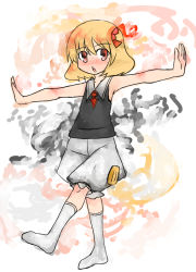Rule 34 | 1girl, armpits, blonde hair, bloomers, embodiment of scarlet devil, female focus, full body, hyara, outstretched arms, red eyes, rumia, socks, solo, spread arms, standing, touhou, underwear, white background, white bloomers, white socks