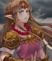 Rule 34 | 1girl, aqua eyes, blush, bracer, brown hair, cape, cloud, cloudy sky, dress, earrings, female focus, floating hair, forehead jewel, gem, gown, hand up, jewelry, kaejunni, lips, long hair, looking at viewer, neck, necklace, nintendo, parted bangs, parted lips, pink dress, pointy ears, princess zelda, red gemstone, serious, short sleeves, shoulder pads, sky, smile, solo, super smash bros., the legend of zelda, the legend of zelda: a link between worlds, tiara, triforce, triforce earrings, upper body, white cape