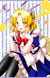 Rule 34 | 1girl, aka tawashi, apron, back bow, black legwear, blonde hair, blue dress, bow, bowtie, crescent, dress, frilled dress, frills, hands on own face, highres, maid, maid headdress, mugetsu (touhou), open mouth, parted bangs, puffy short sleeves, puffy sleeves, red bow, red bowtie, short sleeves, sitting, star (symbol), touhou, touhou (pc-98), turtleneck, white apron, white bow, yellow eyes