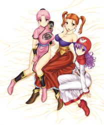 Rule 34 | 3girls, bag, bare shoulders, blush, boots, breasts, brown eyes, chunsoft, cleavage, corset, dragon quest, dragon quest dai no daibouken, dragon quest ii, dragon quest viii, dress, earrings, enix, covered erect nipples, fingerless gloves, gloves, highres, hood, jessica albert, jewelry, large breasts, long hair, maam, multiple girls, necklace, open mouth, pink eyes, pink hair, princess of moonbrook, purple eyes, purple hair, red hair, short hair, short twintails, sitting, small breasts, smile, square enix, st.germain-sal, twintails