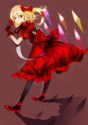 Rule 34 | 1girl, alternate costume, bad id, bad pixiv id, bent over, blonde hair, bow, dress, female focus, flandre scarlet, flower, full body, gloves, hair bow, kol49, pantyhose, red dress, red eyes, rose, shoes, side ponytail, simple background, solo, touhou, wings