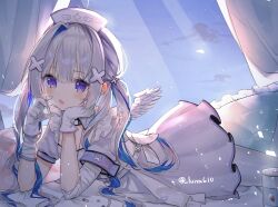 Rule 34 | 1girl, amane kanata, amane kanata (nurse), angel wings, apron, bandaged arm, bandages, blue hair, blush, colored inner hair, commentary request, curtains, dress, feathered wings, frills, gloves, grey hair, hair ornament, hat, head rest, highres, hololive, long hair, looking at viewer, luna (luna610), lying, multicolored hair, nurse, nurse cap, on stomach, open mouth, pantyhose, pillow, purple eyes, short sleeves, single hair intake, solo, streaked hair, twintails, twitter username, virtual youtuber, white apron, white dress, white gloves, white hat, white pantyhose, wings, x hair ornament