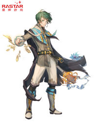 Rule 34 | 1boy, black cape, boots, cape, copyright name, earrings, full body, green eyes, green hair, highres, holding, holding staff, jewelry, looking at viewer, magic, male focus, monocle, official art, rastar, simple background, solo, staff, standing, watermark, white background