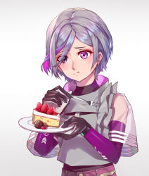 Rule 34 | 1girl, absurdres, cake, chinese commentary, commentary request, contender (girls&#039; frontline), eating, eyes visible through hair, food, fork, fruit, girls&#039; frontline, gloves, grey hair, highres, plate, purple eyes, ren huozhe, short hair, solo, strawberry, white background