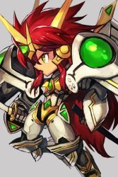 Rule 34 | 1girl, armor, chibi, from side, gauntlets, green eyes, grey background, headgear, holding, holding weapon, hungry clicker, katana, long hair, open mouth, pauldrons, profile, red hair, robot, scabbard, sheath, shoulder armor, simple background, solo, super robot wars, sword, unsheathed, valsione, very long hair, weapon