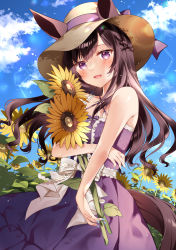 Rule 34 | 1girl, :d, absurdres, animal ears, bare shoulders, blue nails, blue sky, blush, braid, breasts, brown hair, brown hat, cloud, collarbone, commentary request, day, dress, ears through headwear, flower, hat, highres, horse ears, horse girl, horse tail, hugging object, long hair, looking at viewer, mejiro dober (umamusume), mejiro dober (vacation safir) (umamusume), nail polish, nobell (bell no5), open mouth, outdoors, pleated dress, purple dress, purple eyes, sky, sleeveless, sleeveless dress, small breasts, smile, solo, sunflower, tail, umamusume, very long hair, wide brim, yellow flower