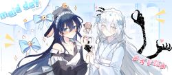Rule 34 | 3girls, absurdres, animal ears, atelier live, black hair, blue eyes, breasts, cleavage, closed mouth, dragon girl, dragon horns, embarrassed, flower, grey eyes, hair between eyes, hair flower, hair ornament, highres, horns, kuzuryu io, long hair, maid, maid headdress, mixed maids, multiple girls, multiple horns, non porn, open mouth, seol (teacuppity), smile, tsu (lovesick1964), virtual youtuber, wa maid, white hair