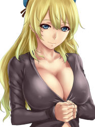 Rule 34 | 10s, 1girl, atago (kancolle), blonde hair, blue eyes, blue hat, blush, breasts, cardigan, casual, cleavage, covered erect nipples, hat, ishii hisao, kantai collection, large breasts, long hair, looking at viewer, own hands together, simple background, solo, white background