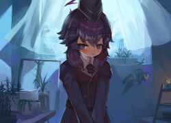 Rule 34 | 1girl, absurdres, black hat, black jacket, blue archive, blue eyes, blush, collared shirt, curtains, dokomon, garrison cap, hair between eyes, hair ornament, hairclip, halo, haruka (blue archive), hat, highres, indoors, jacket, juliet sleeves, long sleeves, looking at viewer, moonlight, night, open mouth, plant, potted plant, puffy sleeves, purple hair, shirt, solo, sweat, transparent, v arms, window
