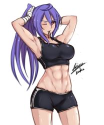 Rule 34 | 1girl, abs, airisubaka, armpits, blue hair, breasts, cleavage, iris heart, kami jigen game neptune v, large breasts, long hair, looking at viewer, muscular, muscular female, navel, neptune (series), one eye closed, ponytail, purple hair, red eyes, simple background, smile, solo, symbol-shaped pupils, toned, very long hair, white background