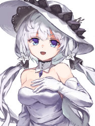 Rule 34 | 1girl, :d, azur lane, bare shoulders, black ribbon, blue eyes, breasts, commentary, detached collar, dress, elbow gloves, gloves, hair ribbon, hand on own chest, hat, highres, illustrious (azur lane), jewelry, long hair, looking at viewer, low twintails, medium breasts, mole, mole under eye, open mouth, pendant, ribbon, silver hair, simple background, sleeveless, sleeveless dress, smile, solo, sun hat, twintails, upper body, very long hair, white background, white dress, white gloves, white hat, yanyan (shinken gomi)