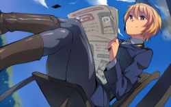 Rule 34 | 10s, 1girl, blonde hair, boots, brave witches, brown footwear, chair, em (totsuzen no hakike), katou keiko, knee boots, crossed legs, military, military uniform, newspaper, pantyhose, short hair, sitting, smile, solo, strike witches, uniform, waltrud krupinski, world witches series