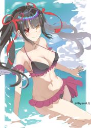 1girl bikini black_bikini black_hair blunt_bangs breasts cloud cowboy_shot date_a_live floating_hair frilled_bikini frills hair_ribbon highres light_blush looking_at_viewer miyumilq multicolored_eyes navel ocean red_ribbon ribbon solo swimsuit tokisaki_kurumi twintails twitter_username upper_body