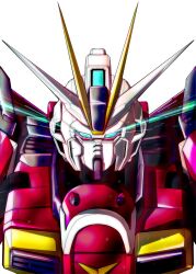 Rule 34 | blue eyes, commentary request, eye trail, gundam, gundam seed, gundam seed destiny, highres, impulse gundam, kuroiwa cookie, light trail, looking at viewer, mecha, mobile suit, no humans, portrait, robot, science fiction, simple background, solo, straight-on, sword impulse gundam, v-fin, white background