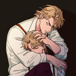 Rule 34 | 2boys, blonde hair, clone, dio brando, closed eyes, hand in another&#039;s hair, hand on another&#039;s head, highres, hug, hug from behind, jojo no kimyou na bouken, looking at viewer, multiple boys, short hair, sleeves rolled up, suspenders, yellow eyes, yonchi