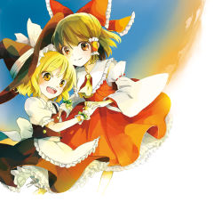 Rule 34 | 2girls, akanasu, apron, ascot, black hat, black skirt, blonde hair, bloomers, blue sky, bow, braid, brown eyes, brown hair, cloud, detached sleeves, frilled skirt, frills, green bow, hair bow, hair tubes, hakurei reimu, hat, hat bow, holding hands, interlocked fingers, kirisame marisa, looking away, multiple girls, nontraditional miko, open mouth, own hands together, red skirt, sarashi, short hair, side braid, skirt, sky, smile, touhou, underwear, vest, waist apron, white bow, witch hat, wrist cuffs, yellow eyes