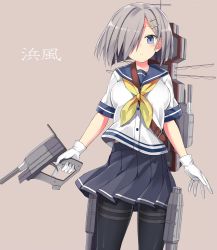 Rule 34 | 10s, 1girl, 501092-taka, black pantyhose, blue eyes, breasts, character name, female focus, gloves, hair ornament, hair over one eye, hairclip, hamakaze (kancolle), kantai collection, large breasts, looking at viewer, machinery, pantyhose, pleated skirt, school uniform, serafuku, short hair, silver hair, simple background, skirt, solo, turret, white gloves