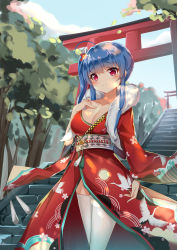 Rule 34 | 1girl, absurdres, ahoge, alternate costume, azur lane, bad id, bad pixiv id, blue hair, blush, breasts, catnnn, cleavage, collarbone, fur trim, hair ornament, hand on own chest, highres, japanese clothes, kimono, large breasts, long hair, looking at viewer, obi, purple eyes, red kimono, sash, sidelocks, smile, st. louis (azur lane), st. louis (spirits in the snow) (azur lane), stairs, temple, thighhighs, tree, white thighhighs