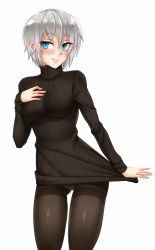 Rule 34 | 1girl, anastasia (idolmaster), black pantyhose, black sweater, blue eyes, breasts, commentary, cowboy shot, hand on own chest, idolmaster, idolmaster cinderella girls, long sleeves, looking at viewer, medium breasts, no pants, panties, panties under pantyhose, pantyhose, ribbed sweater, short hair, silver hair, simple background, smile, solo, sweater, thighband pantyhose, twrlare, underwear, white background