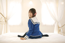 Rule 34 | bed, cosplay, hair ribbon, photo (medium), ribbon, sailor, sakura yayoi, school uniform, serafuku, thighhighs, twintails
