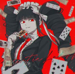 Rule 34 | 1girl, ace (playing card), ace of spades, black hair, black jacket, blunt bangs, bong (0u0bon), bonnet, card, celestia ludenberg, center frills, claw ring, danganronpa: trigger happy havoc, danganronpa (series), drill hair, frills, gothic lolita, grin, hand up, highres, holding, jacket, king (playing card), king of clubs, lolita fashion, long hair, long sleeves, looking at viewer, maid headdress, necktie, playing card, queen (playing card), queen of diamonds, queen of spades, red eyes, red necktie, smile, solo, spade (shape), twin drills, twintails