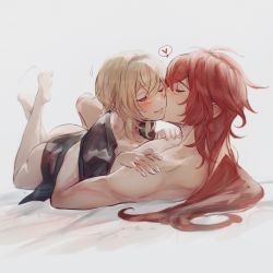 Rule 34 | 1boy, 1girl, absurdres, ass, black shirt, blonde hair, blush, breasts, closed eyes, closed mouth, commentary request, diluc (genshin impact), genshin impact, hair between eyes, heart, hetero, hickey, highres, jean (genshin impact), kiss, kissing cheek, long hair, lumine (genshin impact), lying, lying on person, medium breasts, naked shirt, on back, red hair, root (050710root), shirt, simple background, spoken heart