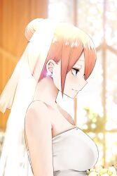 Rule 34 | 1girl, bare shoulders, blue eyes, bouquet, breasts, bridal veil, bride, closed mouth, dress, earrings, flower, go-toubun no hanayome, hair bun, highres, indoors, jewelry, large breasts, mame1645, nakano ichika, neck, profile, short hair, solo, strapless, strapless dress, upper body, veil, wedding, wedding dress, white dress, window