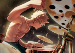 Rule 34 | 1boy, abs, armpits, artist name, bakugou katsuki, belt, blonde hair, bloom, blurry, blurry foreground, bokeh, boku no hero academia, chromatic aberration, circle name, concentrating, cymbals, depth of field, diffraction spikes, drum, drum set, drumsticks, foreshortening, from side, green pants, instrument, jewelry, leaning forward, magatama, magatama necklace, male focus, milmil (wa ten&#039;nendesu), motion blur, muscular, muscular male, music, necklace, no nipples, pants, parted lips, playing instrument, profile, sidelighting, sitting, solo, sweat, toned, topless male, upper body, yellow theme