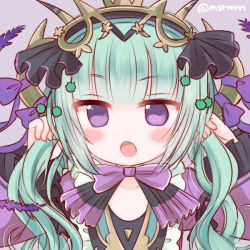 Rule 34 | 1girl, :o, arms up, astaroth (p&amp;d), bad id, bad pixiv id, blunt bangs, blush, bow, bunching hair, collarbone, demon girl, demon horns, dress, fangs, frilled sleeves, frills, green hair, hairband, holding, holding own hair, horn ornament, horn ribbon, horns, long hair, long sleeves, looking at viewer, mashiro miru, open mouth, purple background, purple bow, purple eyes, purple ribbon, puzzle &amp; dragons, ribbon, sidelocks, simple background, solo, twintails, twitter username, upper body, very long hair