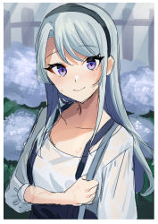Rule 34 | 1girl, akagi kurage, asymmetrical bangs, black hairband, blouse, commentary request, flower, hairband, highres, kantai collection, long hair, looking at viewer, official alternate costume, purple eyes, sagiri (kancolle), shirt, silver hair, smile, solo, suspenders, swept bangs, upper body, white shirt