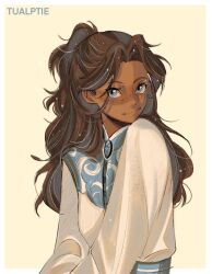 Rule 34 | 1girl, alternate costume, artist name, avatar: the last airbender, avatar legends, blue eyes, breasts, brown hair, commentary, dark-skinned female, dark skin, english commentary, head tilt, katara, long sleeves, looking at viewer, medium breasts, shirt, smile, solo, tualptie, white shirt, yellow background