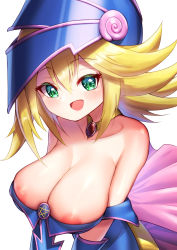Rule 34 | areola slip, bare shoulders, blonde hair, blue hat, blush, breasts, cleavage, dark magician girl, duel monster, green eyes, hat, highres, kuromiya (def lp), large breasts, long hair, looking at viewer, open mouth, pentagram, shadow, simple background, smile, solo, white background, wizard hat, yu-gi-oh!, yu-gi-oh! duel monsters