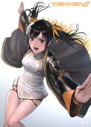 Rule 34 | 1girl, black hair, bracelet, chinese clothes, copyright name, from above, highres, jewelry, ling xiaoyu, looking at viewer, murasaki-sin, open mouth, solo, tekken, tekken 8, thighs, twintails, white background, wide sleeves