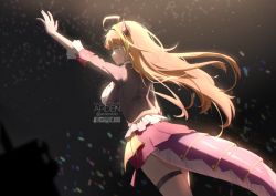 Rule 34 | 1girl, ahoge, ardenlolo, arm up, artist name, black jacket, blonde hair, blunt bangs, breasts, closed eyes, closed mouth, commentary, cowboy shot, crying, dragon girl, dragon horns, dragon tail, english commentary, glowstick, hololive, horns, jacket, kiryu coco, kiryu coco (1st costume), large breasts, long hair, long sleeves, miniskirt, multicolored hair, orange hair, red skirt, skirt, solo, standing, streaked hair, tail, twitter username, very long hair, virtual youtuber