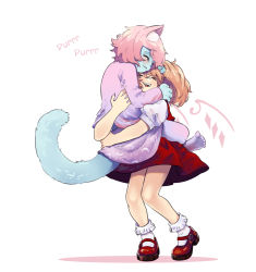 Rule 34 | &gt; &lt;, 2girls, absurdres, animal ear fluff, animal ears, ankle socks, bare legs, blonde hair, blue fur, blush, bobby socks, borrowed character, cat ears, cat tail, commission, english text, fang, fictional persona, flandre scarlet, furry, furry female, highres, hug, knees together feet apart, mary janes, moon print, multiple girls, no headwear, open mouth, original, pink hair, pink shirt, pink skirt, puffy short sleeves, puffy sleeves, red footwear, red skirt, shadow, shirt, shoes, short sleeves, simple background, skirt, smile, socks, tail, touhou, white background, yoruny