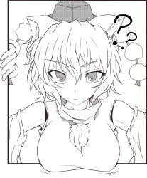 Rule 34 | 1girl, ?, absurdres, animal ears, bad id, bad pixiv id, bare shoulders, breasts, brown theme, detached sleeves, fourth wall, greyscale, hat, highres, inubashiri momiji, large breasts, looking at viewer, monochrome, nekomata kyou, pom pom (clothes), short hair, solo, tokin hat, touhou, wolf ears