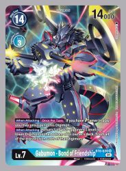 Rule 34 | 1boy, arm cannon, armor, artist name, black hair, card (medium), character name, commentary, copyright name, crossed arms, dark-skinned male, dark skin, digimon, digimon card game, dual arm cannons, english commentary, english text, evolutionary line, firing, full armor, gabumon, gabumon -yujo no kizuna-, glowing lines, highres, horns, mask, mechanical wings, official art, red eyes, red nails, second-party source, sharp teeth, single horn, tail, teeth, tonami kanji, weapon, wings